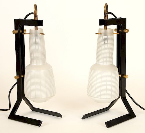 PAIR IRON TABLE LAMPS VASE FORM GLASS GLOBE