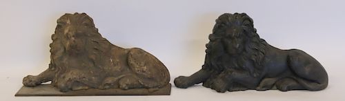 2 Antique Cast Iron Recumbent Lions