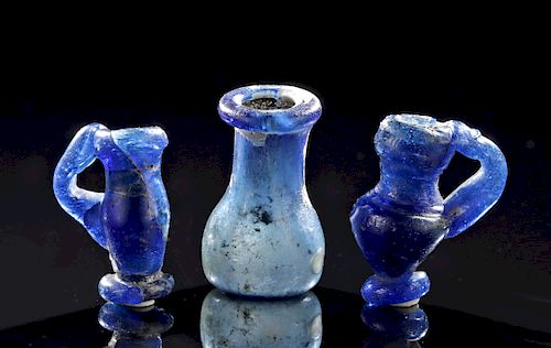 Lot of 3 Miniature Roman Glass Vessels - Cobalt Blue