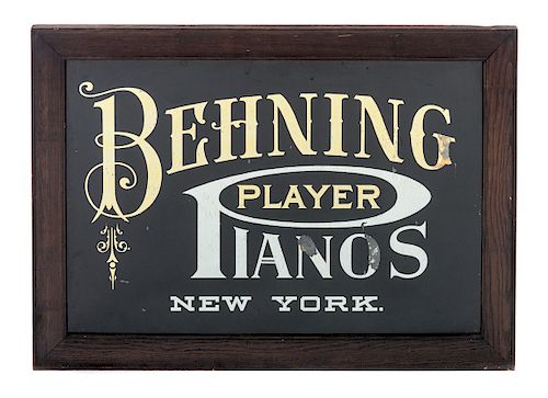 Behning Player Pianos New York Reverse Glass Sign