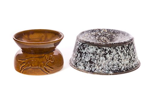 2 Graniteware and Brown Stoneware Dog Spittoons
