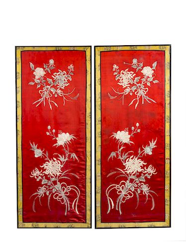 A Pair of Chinese Embroidered Silk Panels
Each: height 47 x width 19 in., 119 x 48 cm. 