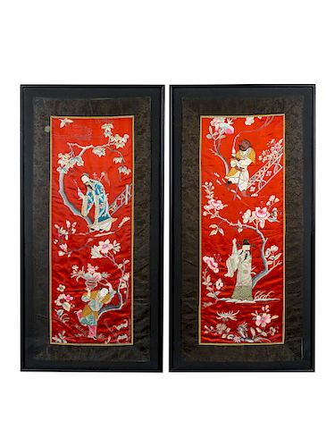 A Pair of Chinese Embroidered Silk Panels
Each: height 45 1/2 x width 19 1/2 in., 115.5 x 49.5 cm.
