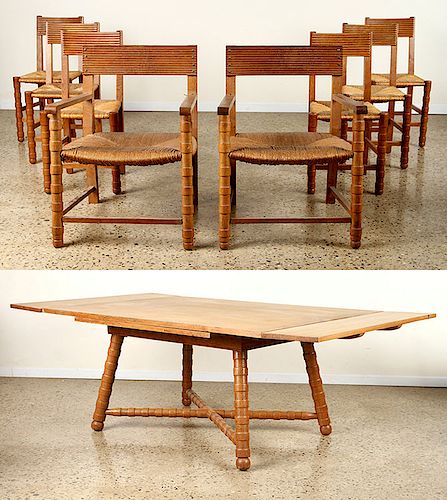 OAK DINING TABLE & 8 CHAIRS BY MAURICE DUFRENE