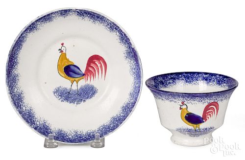 Blue spatter rooster cup and saucer