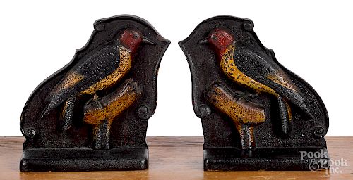 Pair of carved and painted woodpecker bookends