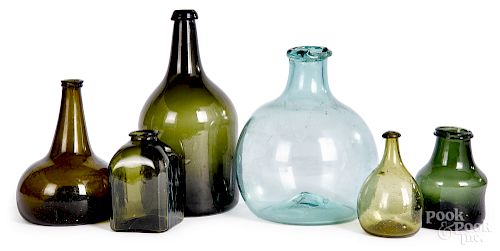 Six blown olive & aqua glass bottles