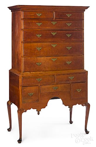New England Queen Anne tiger maple high chest