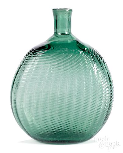 Midwestern pattern molded medium green glass flas