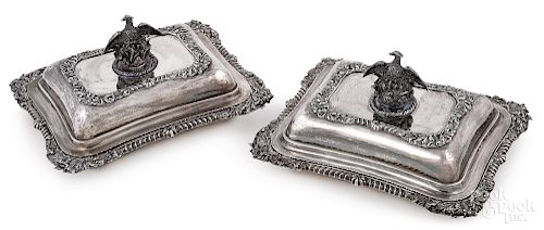 Pair of English silver covered vegetable dishes