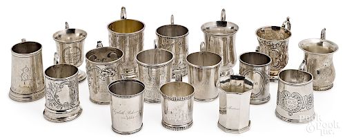 Collection of sixteen coin silver child's mugs