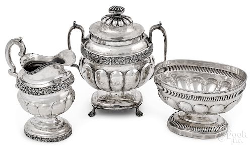 Coin silver covered sugar, waste bowl and creamer
