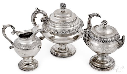 Coin silver teapot, sugar and creamer