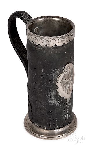 English silver mounted leather tankard, 1656