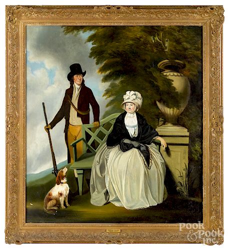Oil on canvas of a husband, wife and dog, ca. 183
