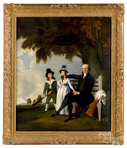Oil on canvas of a father, son and daughter