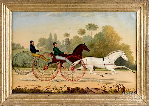 British oil on canvas of racing skeleton wagons