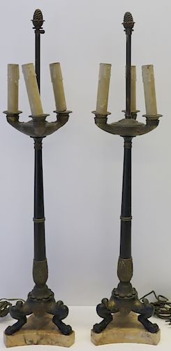 Pair Of Antique Bronze Claw Foot Lamps On Marble