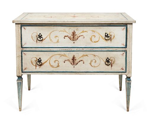 An Italian Directoire Style Painted Two-Drawer Commode
LATE 19TH CENTURY
Height 32 x width 40 1/2 x depth 18 1/2 inches.