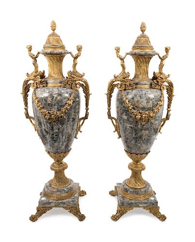 A Pair of Louis XV Style Monumental Faux Marble and Gilt Mounted Covered Urns