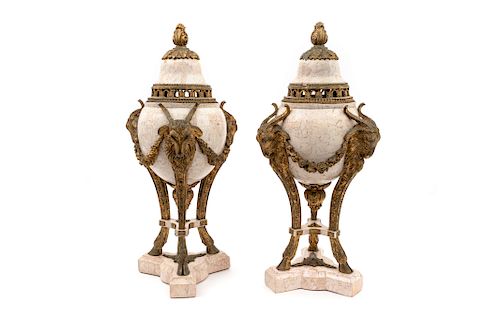 A Pair of Louis XV Style Faux Marble and Gilt Mounted Cassollettes