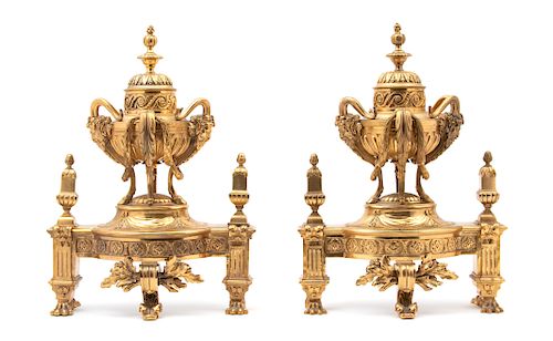 A Pair of Louis XVI Style Gilt Bronze Urn-form Chenets Heigh 17 x width 12 inches.
Heigh 17 x width 12 inches.