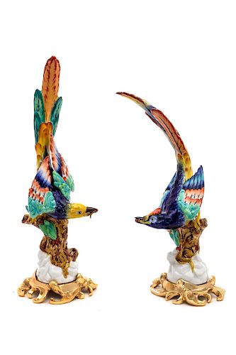 A Pair of Sevres Style Porcelain Gilt Metal Mounted Birds