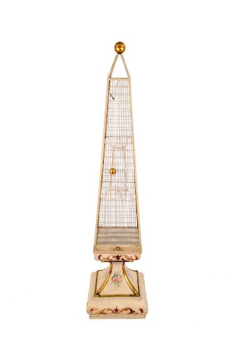 A Regency Style Painted and Wirework Obelisk-form Birdcage
20TH CENTURY
Height 76 x 18 inches square.