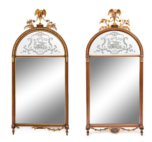 A Pair of Regency Style Gilt Framed Pier Mirrors 
19TH CENTURY
having eagle pediments over demilune etched glass panels with birds and floral decorati