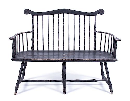 Am American Painted Windsor Bench 
Height 39 1/4 x width 52 1/2 x depth 16 3/4 inches.