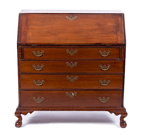 An American Chippendale Mahogany Slant Lid Desk 
Height 41 1/2 x width 38 3/4 x depth 19 1/2 inches.