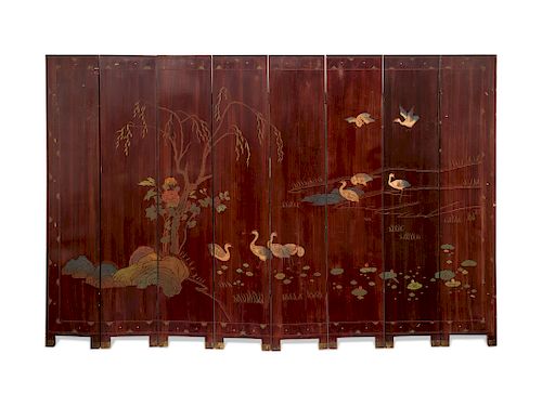 A Chinese Eight-Panel Lacquer Screen
19TH CENTURY
Height 83 x width of each panel 16 inches.