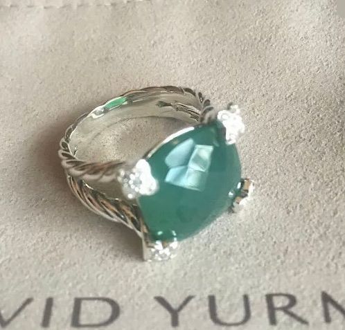 David Yurman Cushion Diamond Green Onyx Ring Sz 6