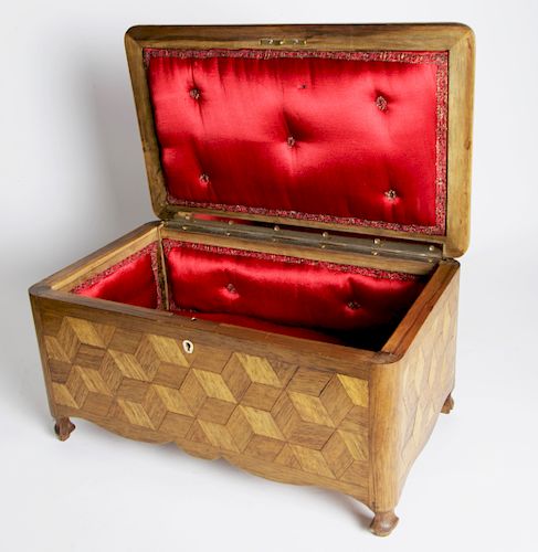 19th Century Geometric Tumbling Block Parquetry Inlaid Sewing Box