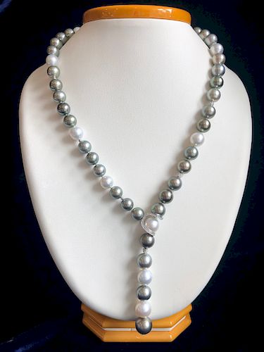 Fine 10mm - 13.3mm White South Sea and Tahitian Pearl Lariat Necklace