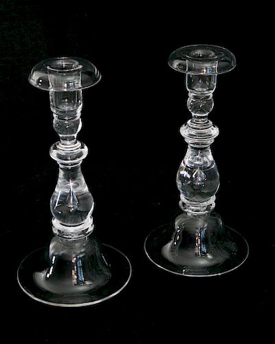 Pair of Signed Steuben Clear Glass Bell Base Candlesticks