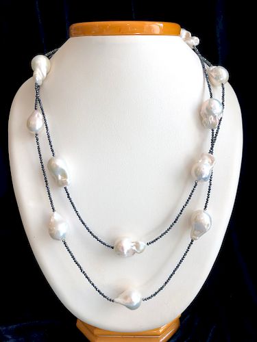 17mm x 22mm White Fresh Water Baroque Pearl and Spinel Necklace