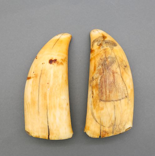 Pair of Whaleman Scrimshawed and Polychromed Sperm Whale Teeth