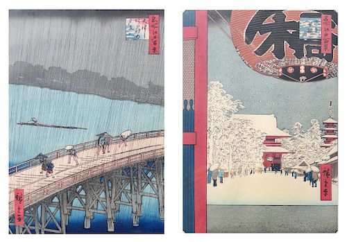Pair of 19th Century Japanese Woodblock Prints, "Asakusa Kinryzan Temple" and, "Sudden Rain Storm at Atake"