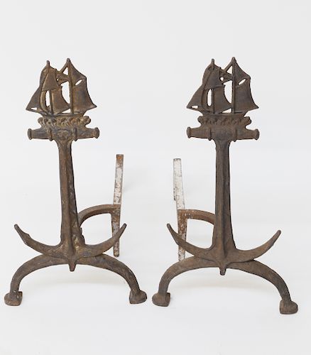 Pair of Vintage Cast Iron Anchor and Ship Andirons