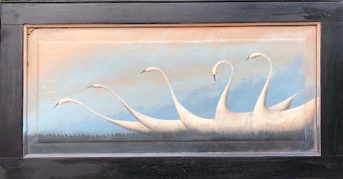 Mike Butler Oil on Wood Panel "Five White Swans Swimming"