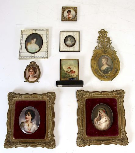 GROUPING OF 7 MINIATURES AND ONE CLOCK.