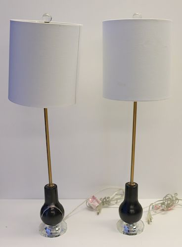 Pair Of Vintage Marble And Brass Lamps On Glass