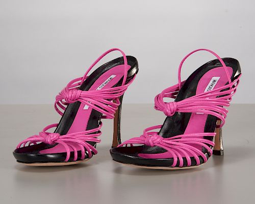 Manolo Blahnik pink leather & black sandals