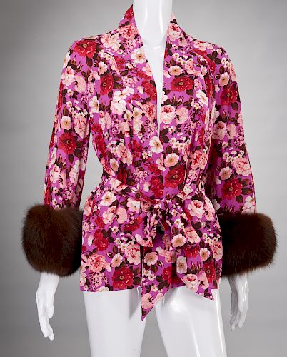 Tuleh silk print jacket with fur cuffs