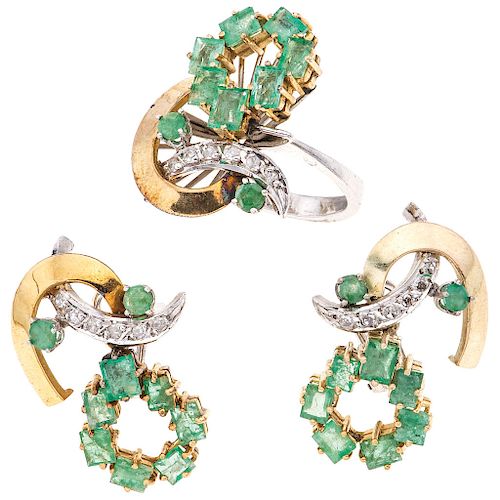An emerald  and diamond palladium silver ring and pair of earrings set. 
