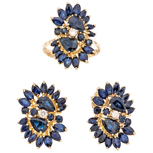 A sapphire and diamond 14K yellow gold ring and pair of earrings set. 