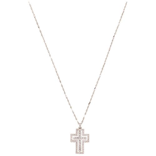 A sapphire and diamond 14K white gold necklace and cross. 