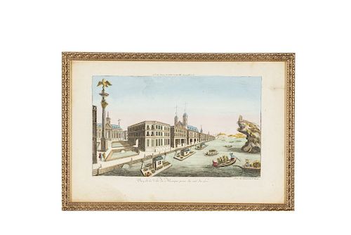Daumont. Vue de la Ville du Mexique Prise du Coté du Lac. Paris, ca. 1770.  Grabado coloreado, 25.5 x 40.5 cm. Enmarcado.
