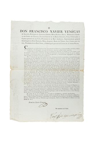 Venegas de Saavedra, Fco. Xavier. Real Orden: "Las personas de los Diputados de Cortes son Inviolables". México a 27 de Marzo de 1811.